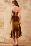 Dark Yellow Velvet Strapless Mermaid Midi Holiday Party Dress
