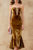 Dark Yellow Velvet Strapless Mermaid Midi Holiday Party Dress