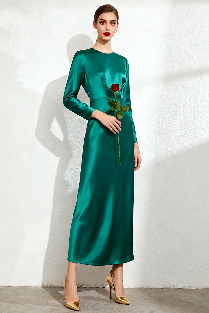 Leely Women Emerald Green Satin Long Evening Dress with Sleeves Round