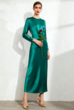 Emerald Green Round Neck Satin Long Evening Dress with Sleeves