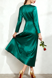 Emerald Green Round Neck Satin Long Evening Dress with Sleeves