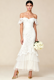 White Mermaid Tiered Lace Long Wedding Dress