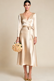 Champagne V-Neck Maxi Satin Engagement Dress with Bow
