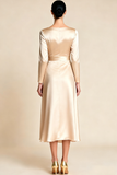 Champagne V-Neck Maxi Satin Engagement Dress with Bow