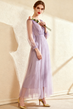 Lilac V-Neck A Line Long Tulle Evening Dress with Sleeves