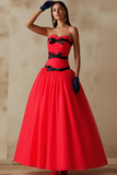 Red A-Line Tulle Long Strapless Prom Dress with Bows