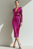 Sparkly Fuchsia Sheath Sequins Long Sleeves Holiday Party Dress