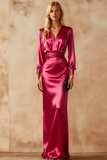 Fuchsia Satin Sheath V-Neck Long Formal Dress