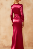 Fuchsia Satin Sheath V-Neck Long Formal Dress