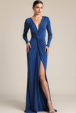 Blue Ruched Deep V-Neck Long Sleeves Formal Dress with Slit