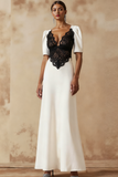 White Black A Line V-Neck Long Formal Dress with Lace
