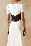 White Black A Line V-Neck Long Formal Dress with Lace
