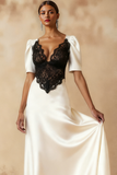 White Black A Line V-Neck Long Formal Dress with Lace