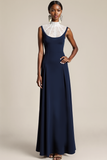 Navy White A Line High Neck Long Formal Dress with Lace