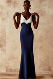 Navy White Mermaid Spaghetti Strapless Long Formal Dress with Lace