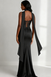Black Ruched Satin Mermaid Strapless Long Formal Dress