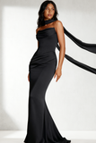 Black Ruched Satin Mermaid Strapless Long Formal Dress