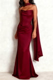 Black Ruched Satin Mermaid Strapless Long Formal Dress