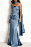 Black Ruched Satin Mermaid Strapless Long Formal Dress