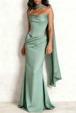 Black Ruched Satin Mermaid Strapless Long Formal Dress