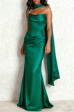 Black Ruched Satin Mermaid Strapless Long Formal Dress