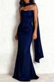 Black Ruched Satin Mermaid Strapless Long Formal Dress