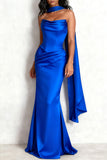 Black Ruched Satin Mermaid Strapless Long Formal Dress