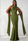 Olive Satin Halter Mermaid Formal Dress with Sleeves