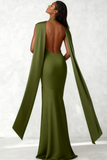 Olive Satin Halter Mermaid Formal Dress with Sleeves