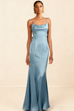 Dusty Blue Spaghetti Straps Long Formal Dress with Bow