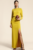 2 Piece Yellow Boat Neck Long Sleeves Evening Dress with Slit