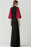 Red Black Neck Collar Maxi Evening Dress with Sleeves
