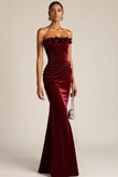 Burgundy Mermaid Ruched Long Velvet Holiday Party Dress