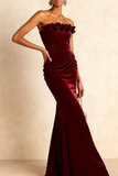 Burgundy Mermaid Ruched Long Velvet Holiday Party Dress