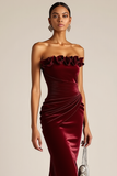 Burgundy Mermaid Ruched Long Velvet Holiday Party Dress