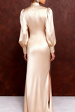 Champagne High Neck Sheath Satin Long Sleeves Evening Dress