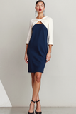 Navy White Bodycon Keyhole Short Cocktail Dress with Sleeves