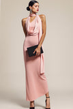 Pink Mermaid One Shoulder Neck Scarf Long Bridesmaid Dress
