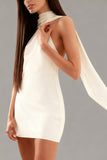 White Backless Neck Scarf Bodycon Short Bridal Shower Dress