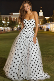 White and Black Sweetheart Polka Dots A-Line Tulle Long Prom Dress