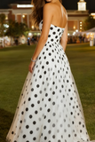 White and Black Sweetheart Polka Dots A-Line Tulle Long Prom Dress