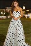 White and Black Sweetheart Polka Dots A-Line Tulle Long Prom Dress