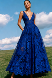 Blue Lace A-Line V-Neck Long Backless Prom Dress