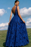 Blue Lace A-Line V-Neck Long Backless Prom Dress