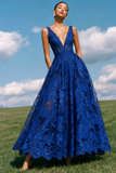 Blue Lace A-Line V-Neck Long Backless Prom Dress