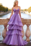 Lilac Tiered Tulle Spaghetti Straps Long Corset Prom Dress with Ruffles