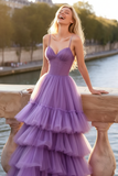 Lilac Tiered Tulle Spaghetti Straps Long Corset Prom Dress with Ruffles