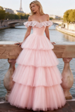 Light Pink Tiered Ruffled Tulle Long Corset Prom Dress with Lace