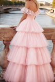 Light Pink Tiered Ruffled Tulle Long Corset Prom Dress with Lace