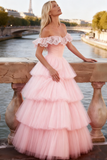 Light Pink Tiered Ruffled Tulle Long Corset Prom Dress with Lace